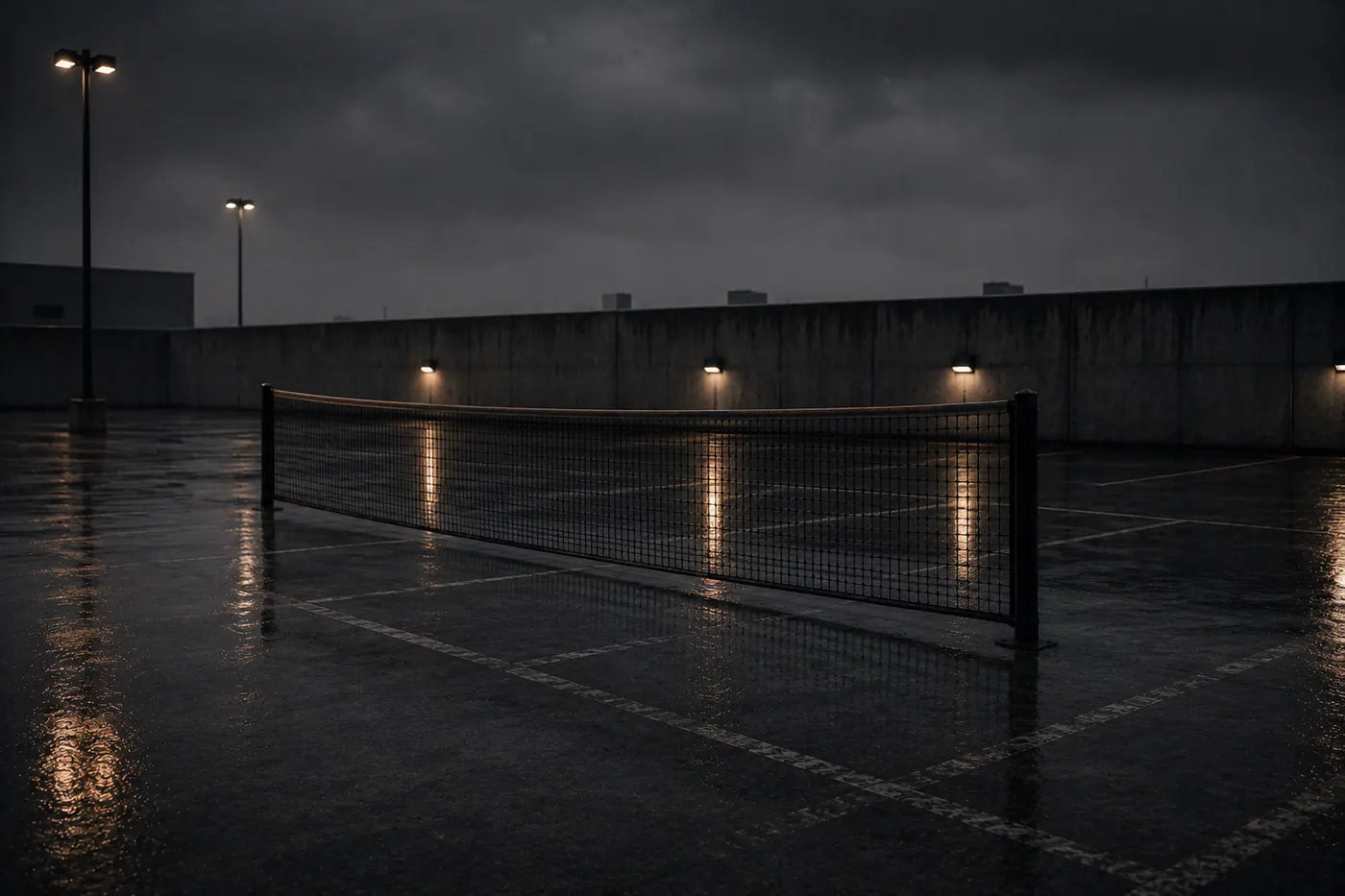 An empty court under floodlight, rain on the surface.