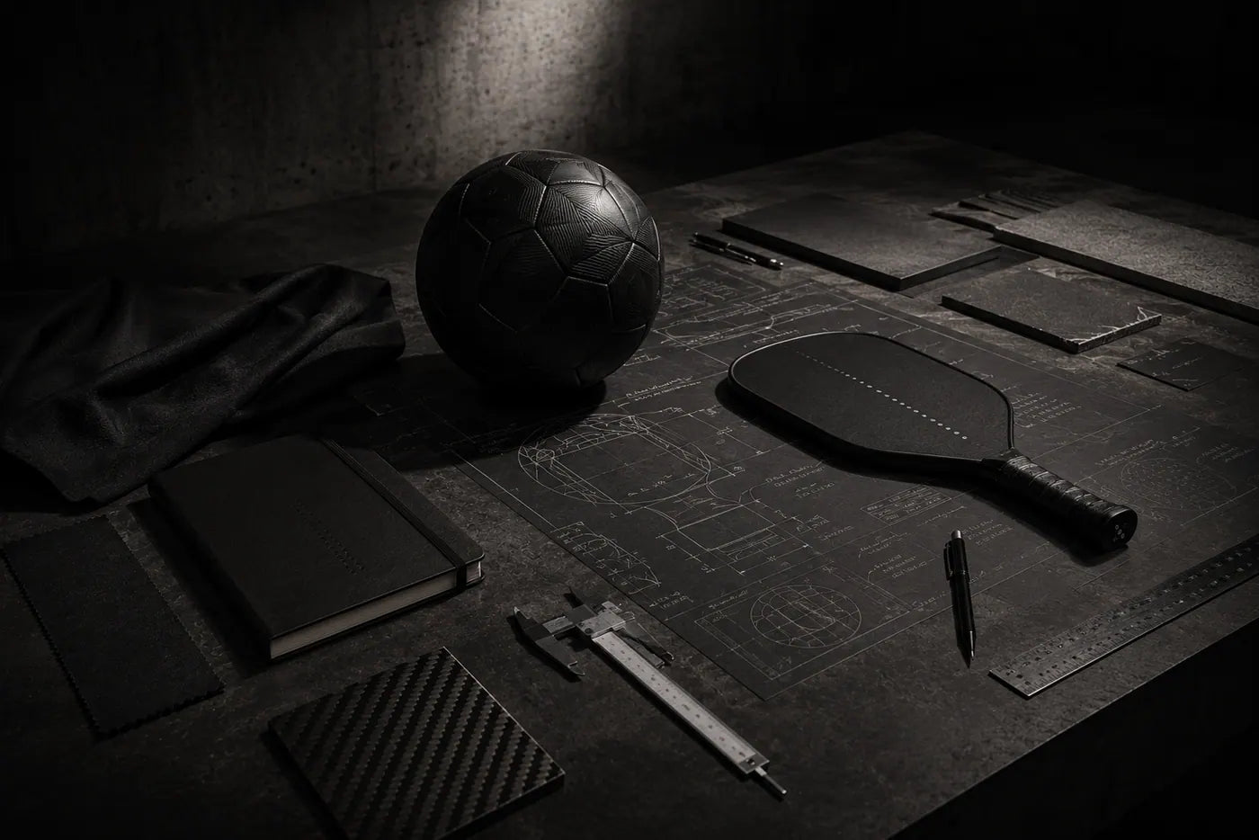Drawings, calipers and material samples on a bench.